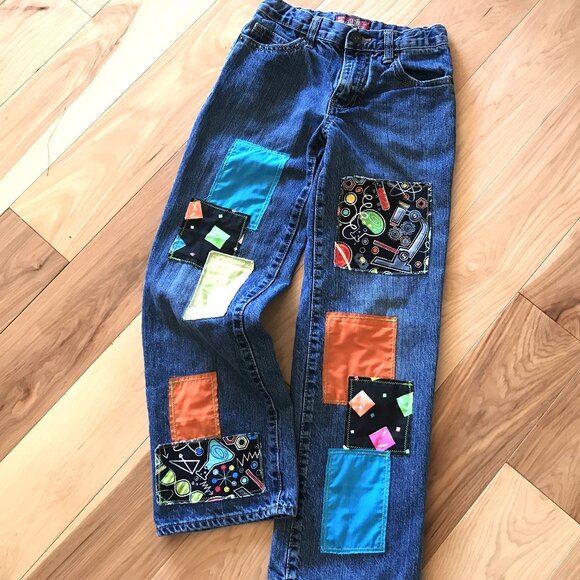 Boy’s Upcycled Patch Jeans, Size 10: Handmade Colorful Science Theme Patchwork - Picture 3 of 11